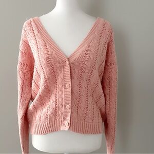 Plums & Pearls Pink Women’s M Soft Girl Aesthetic V-Neck Cable Knit Cardigan
